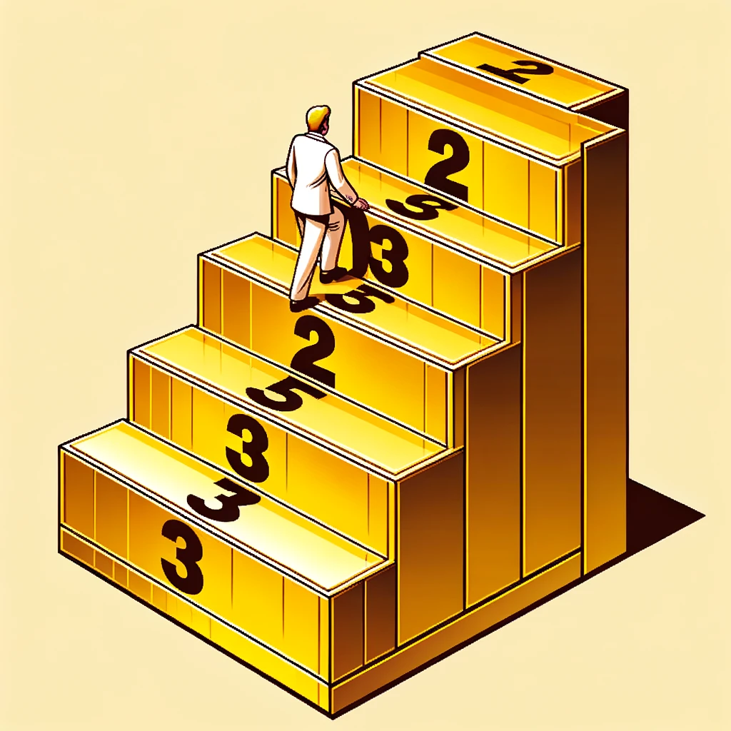 DALL·E 2023 10 09 23.05.44 Vector design of a man climbing a golden staircase. Each step is inscribed with one of the three golden rules