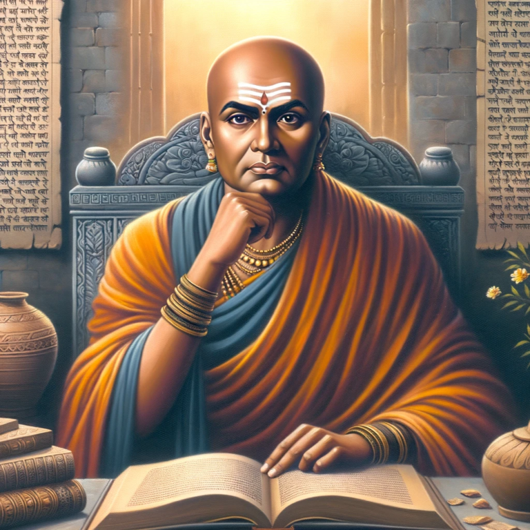 DALL·E 2023 10 29 09.16.13 Oil painting of Chanakya an ancient Indian teacher and author seated in a traditional setting with ancient scriptures spread out in front of him. He