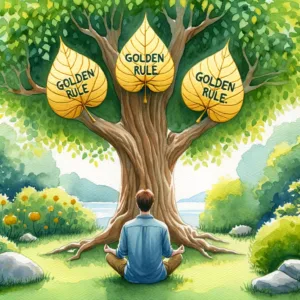 3 Golden Rules for Self-Discipline: Your Blueprint Revealed 1 DALL·E 2023 10 09 23.03.43 watercolor painting of a tranquil garden setting where a man is meditating. Nearby a tree has three golden leaves each with a Golden Rule written