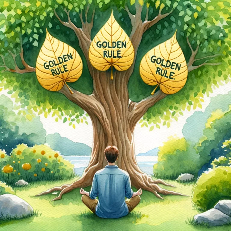 3 Golden Rules for Self-Discipline: Your Blueprint Revealed 3 DALL·E 2023 10 09 23.03.43 watercolor painting of a tranquil garden setting where a man is meditating. Nearby a tree has three golden leaves each with a Golden Rule written