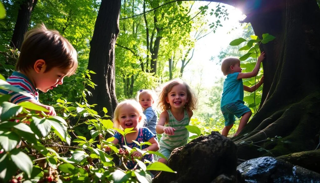 Children enjoying outdoor play and sensory experiences in nature