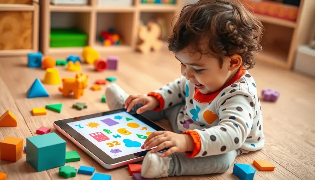 Toddler learning shapes and colors with educational apps