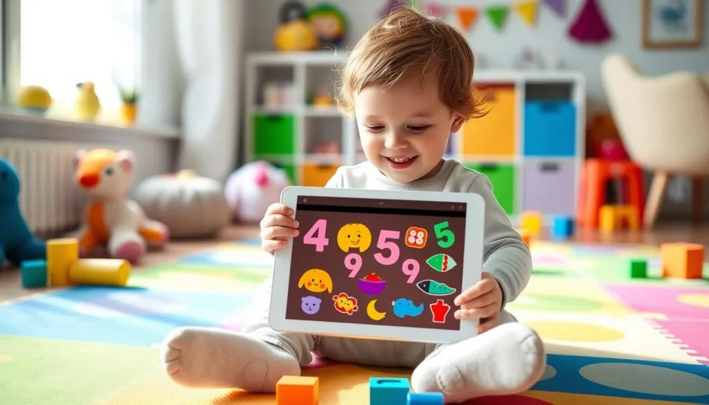 toddler using educational app for counting